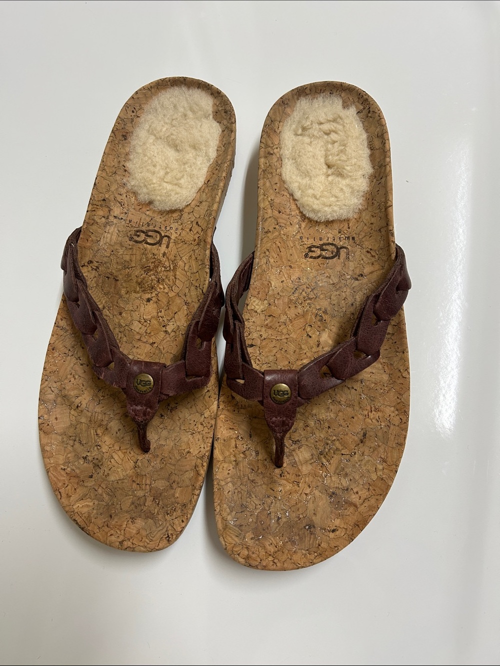 UGG Brown Braided Leather Cork-Soled Shearling Thong Sandals